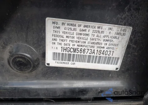 2003 Honda Accord 2.4 Ex z USA, uszkodzony, nr VIN 1HGCM56673A134031